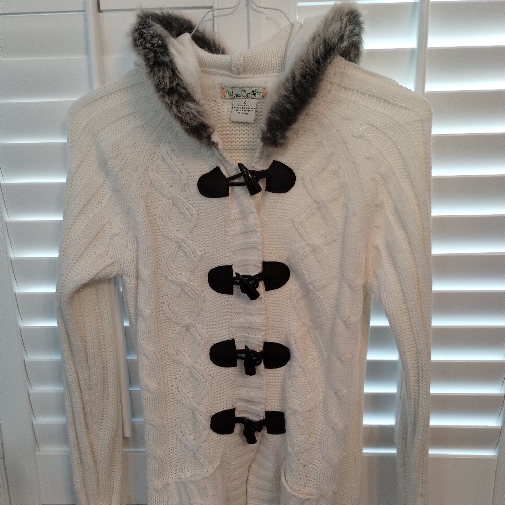 Cable Knit- Long Cardigan Fur Trimmed Hood